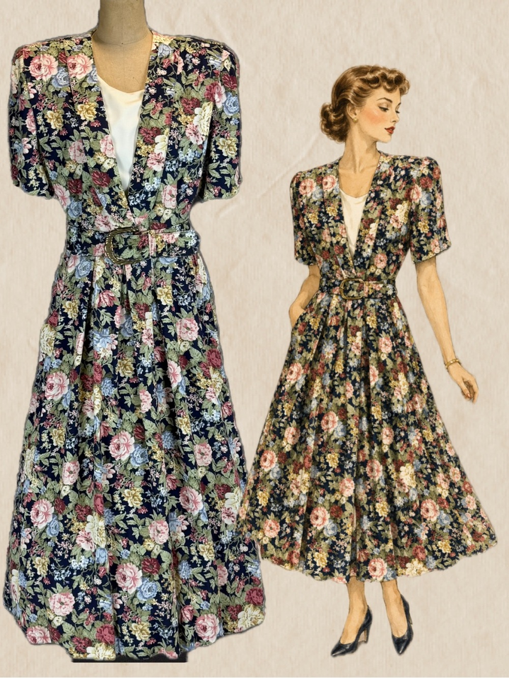 VINTAGE 80s flower garden floral dress maxi puff sleeve belted waist fit flare